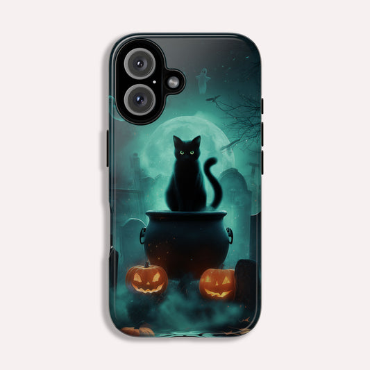 Black Cat Phone Case - Halloween iPhone 16, 15, 14, 13 - Creepy Witches Cat Case - Spooky Season Pumpkin Art Apple Tough Case