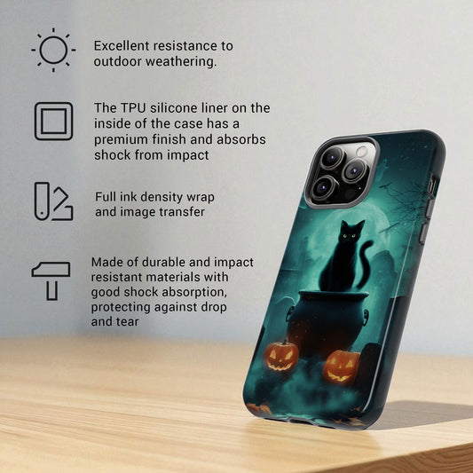 Black Cat Phone Case - Halloween iPhone 16, 15, 14, 13 - Creepy Witches Cat Case - Spooky Season Pumpkin Art Apple Tough Case