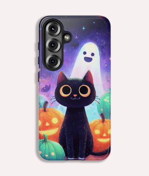 Halloween Samsung Galaxy Phone Case - Cute Black Cat And Pumpkins  - Spooky Samsung S25 S24 S23 S22 Tough Case