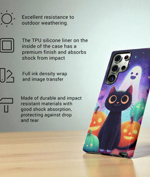 Halloween Samsung Galaxy Phone Case - Cute Black Cat And Pumpkins  - Spooky Samsung S25 S24 S23 S22 Tough Case