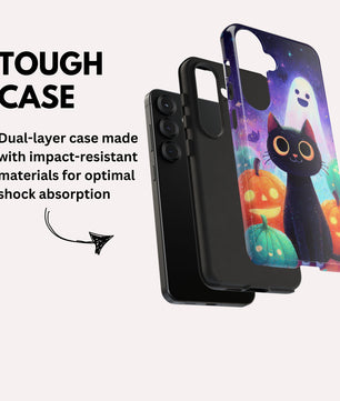 Halloween Samsung Galaxy Phone Case - Cute Black Cat And Pumpkins  - Spooky Samsung S25 S24 S23 S22 Tough Case
