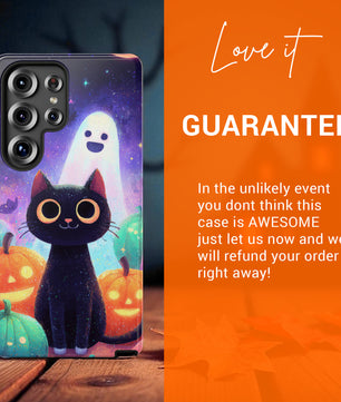 Halloween Samsung Galaxy Phone Case - Cute Black Cat And Pumpkins  - Spooky Samsung S25 S24 S23 S22 Tough Case