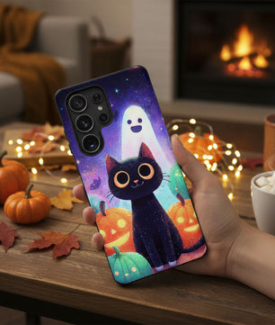 Halloween Samsung Galaxy Phone Case - Cute Black Cat And Pumpkins  - Spooky Samsung S25 S24 S23 S22 Tough Case