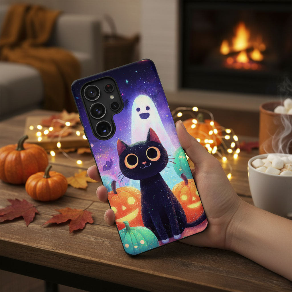 Halloween Samsung Galaxy Phone Case - Cute Black Cat And Pumpkins  - Spooky Samsung S25 S24 S23 S22 Tough Case
