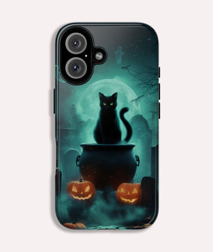 Black Cat Phone Case - Halloween iPhone 16, 15, 14, 13 - Creepy Witches Cat Case - Spooky Season Pumpkin Art Apple Tough Case