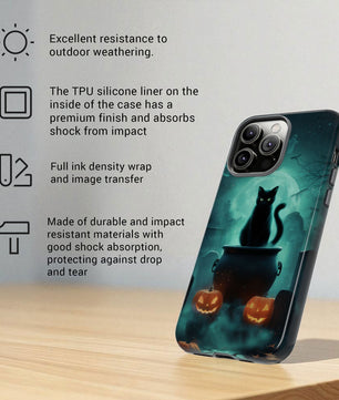Black Cat Phone Case - Halloween iPhone 16, 15, 14, 13 - Creepy Witches Cat Case - Spooky Season Pumpkin Art Apple Tough Case