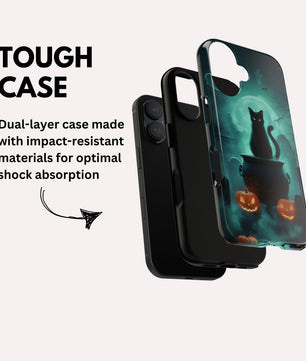 Black Cat Phone Case - Halloween iPhone 16, 15, 14, 13 - Creepy Witches Cat Case - Spooky Season Pumpkin Art Apple Tough Case