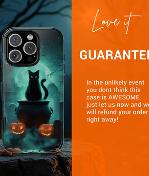 Black Cat Phone Case - Halloween iPhone 16, 15, 14, 13 - Creepy Witches Cat Case - Spooky Season Pumpkin Art Apple Tough Case