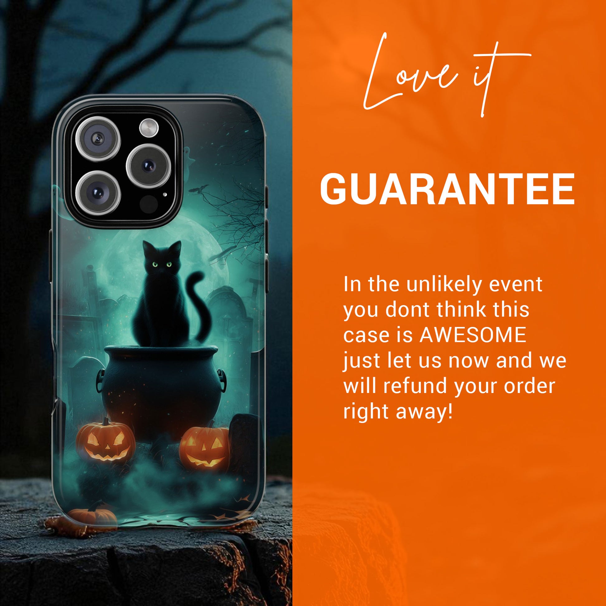 Black Cat Phone Case - Halloween iPhone 16, 15, 14, 13 - Creepy Witches Cat Case - Spooky Season Pumpkin Art Apple Tough Case