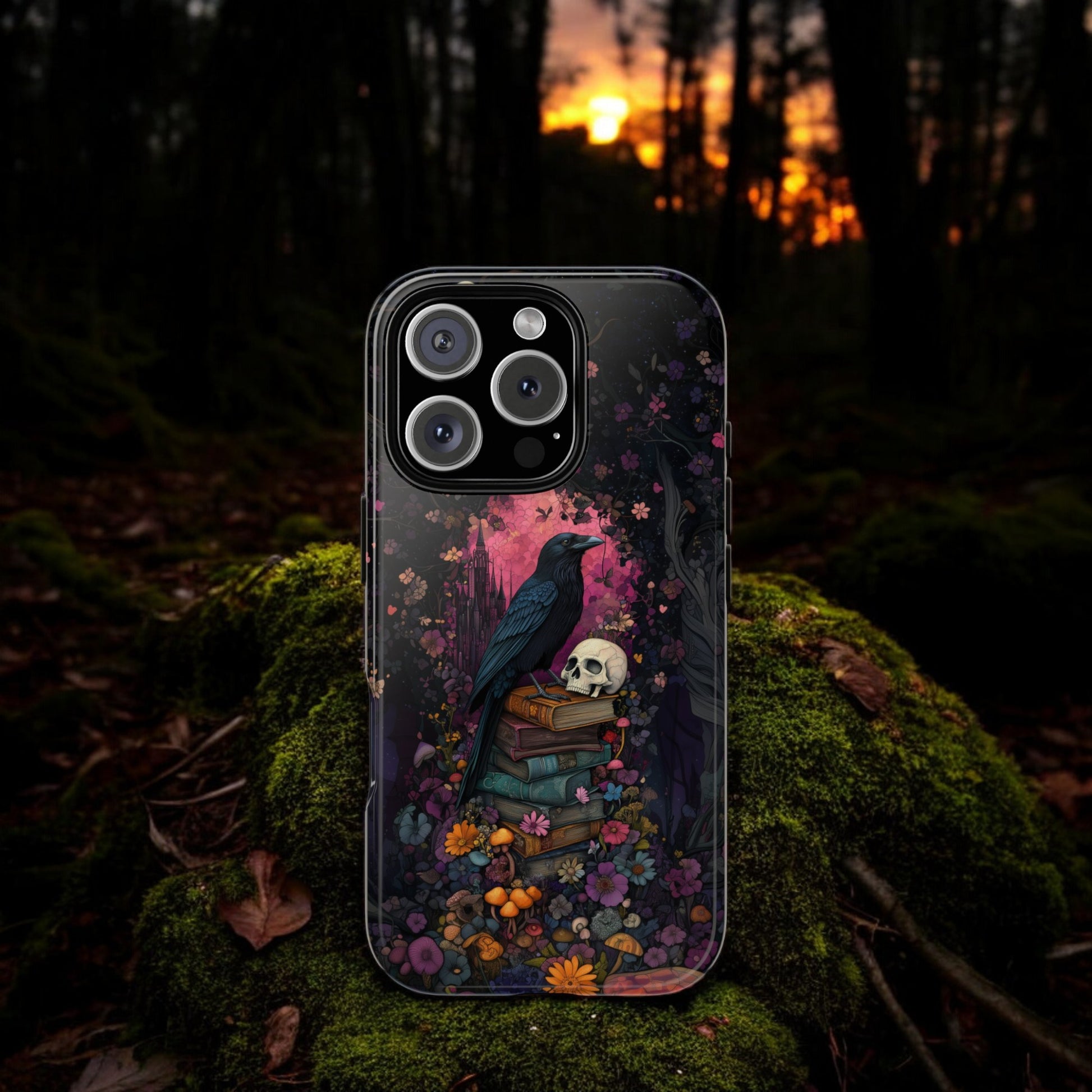 Gothic Black Crow Books and Skulls & Flowers - Tough Case for iPhone