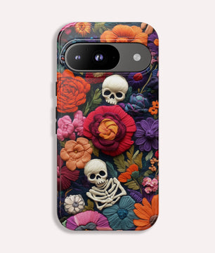 Pixel Phone Case - Embroidered  Flowers And Skulls Unique Gothic Floral Art For Google Pixel 9 Pro XL, Pixel 8 Case Pixel 7 6 5