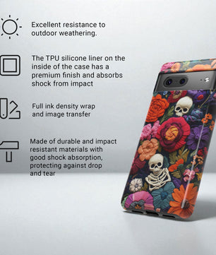 Pixel Phone Case - Embroidered  Flowers And Skulls Unique Gothic Floral Art For Google Pixel 9 Pro XL, Pixel 8 Case Pixel 7 6 5