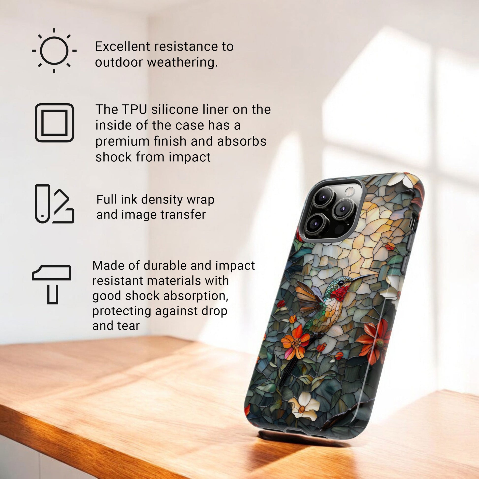 Hummingbird Phone Case, Stained Glass Design - Tough Case for iPhone