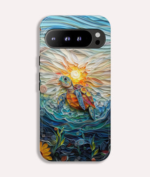 Sea Turtle Phone Case, Paper Quilling Design, Stained Glass Look - Tough Case for Google Pixel