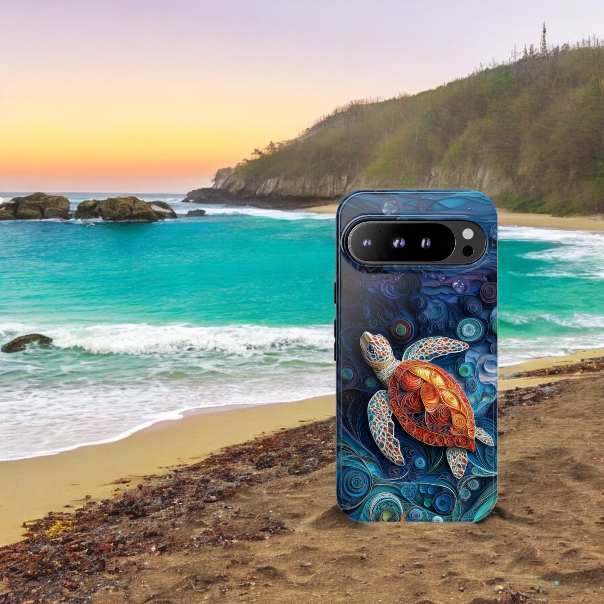 Sea Turtle Phone Case, Paper Quilling Design, Stained Glass Look - Tough Case For Google Pixel