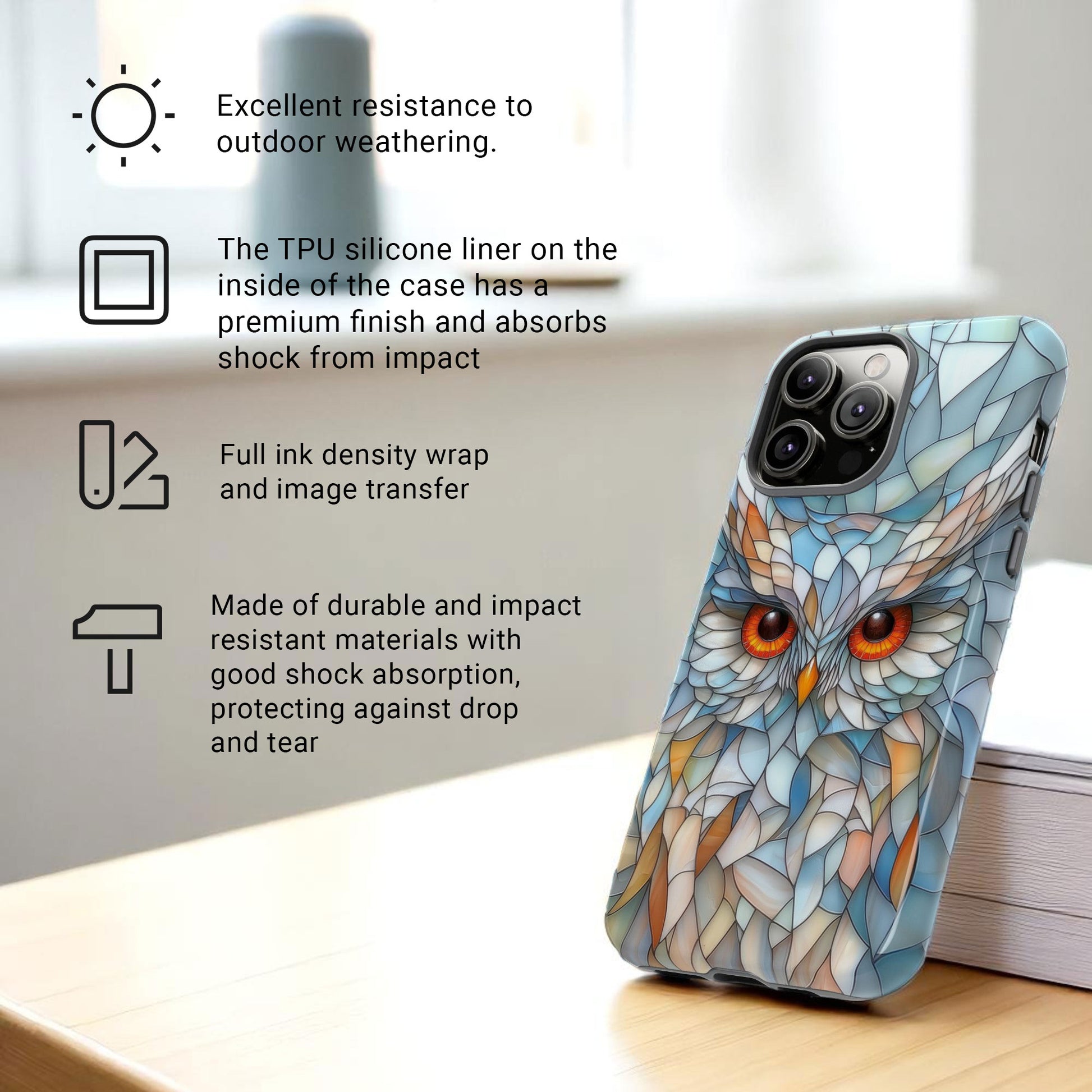 Owl Phone Case Stained Glass Effect Tough Cases for Bird Lovers for iPhone